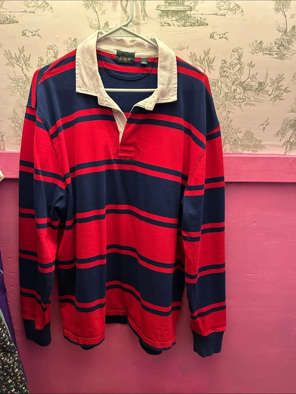 J. Crew Men's Red and Navy Striped Rugby Polo with White Collar